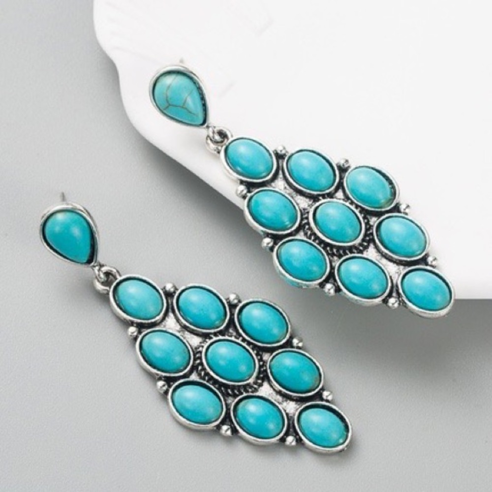 Western Faux Turquoise Stone Blue Chandelier Silver Earrings Gift New Boho - Picture 4 of 5